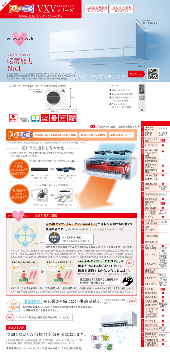 三菱電機 ルームエアコン MSZ-VXV4025S-W